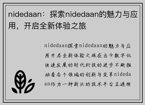nidedaan：探索nidedaan的魅力与应用，开启全新体验之旅